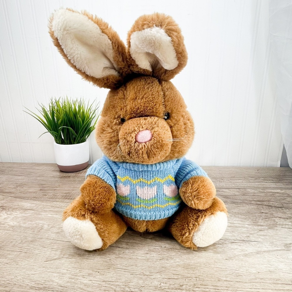 Vintage 1986 Dakin Easter Bunny Rabbit In‎ Blue Sweater Plush Stuffed Animal 15"